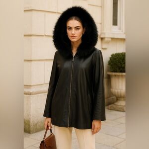 Tiboa Hooded Leather Jacket Black Women’s Medium Long Sleeve Fur Hood Zip Up